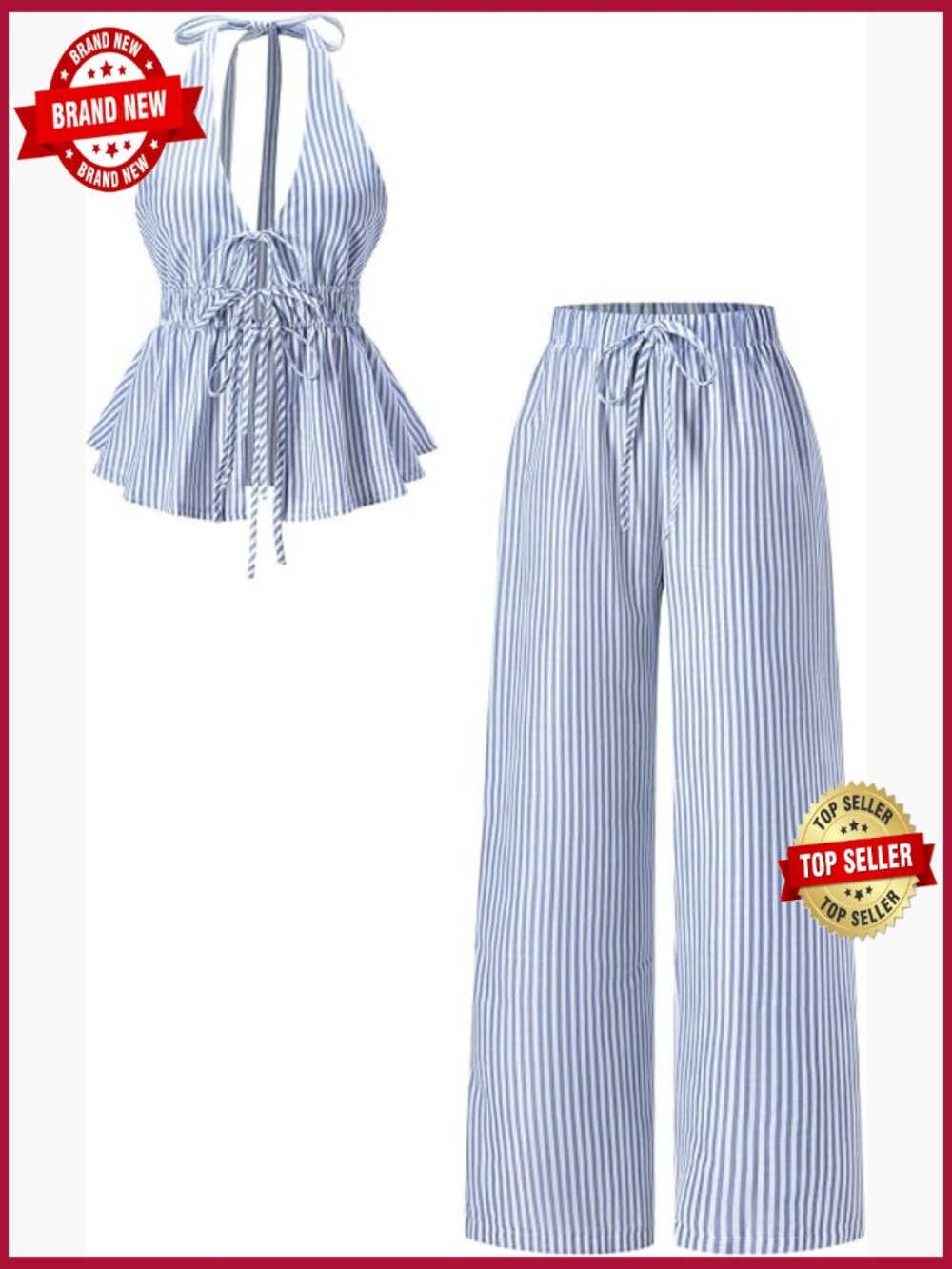 Striped 2 Piece Peplum Top & Wide Leg Pants Set Sleeveless Halter Tie Back Y2K